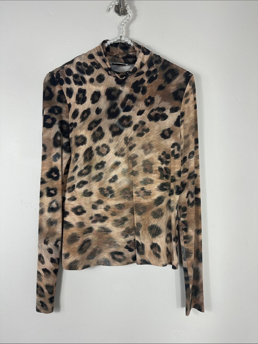 St. John Leopard Stretch Mock Turtleneck Long Sleeve Stretch Top Small - Picture 2 of 5